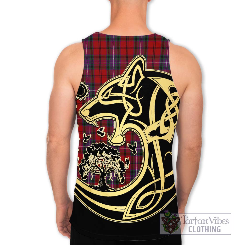 Tartan Vibes Clothing Kelly of Sleat Red Tartan Men's Tank Top with Family Crest Celtic Wolf Style