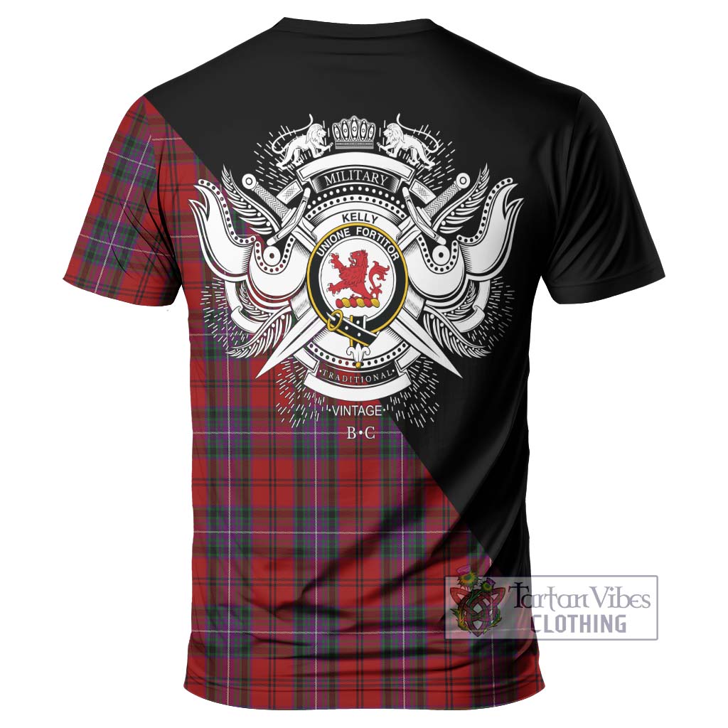 Tartan Vibes Clothing Kelly of Sleat Red Tartan T-Shirt with Family Crest and Military Logo Style