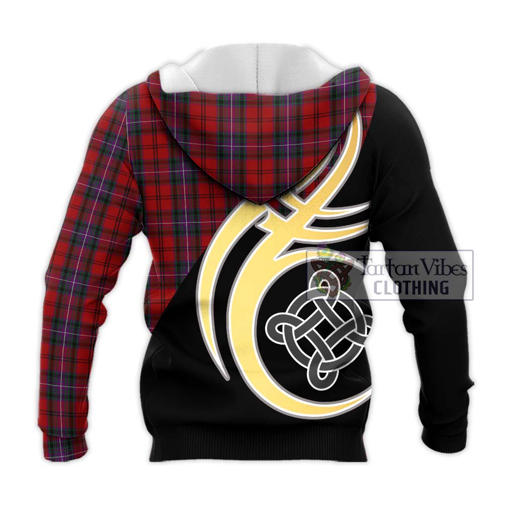 Tartan Vibes Clothing Kelly of Sleat Red Tartan Knitted Hoodie with Family Crest and Celtic Symbol Style