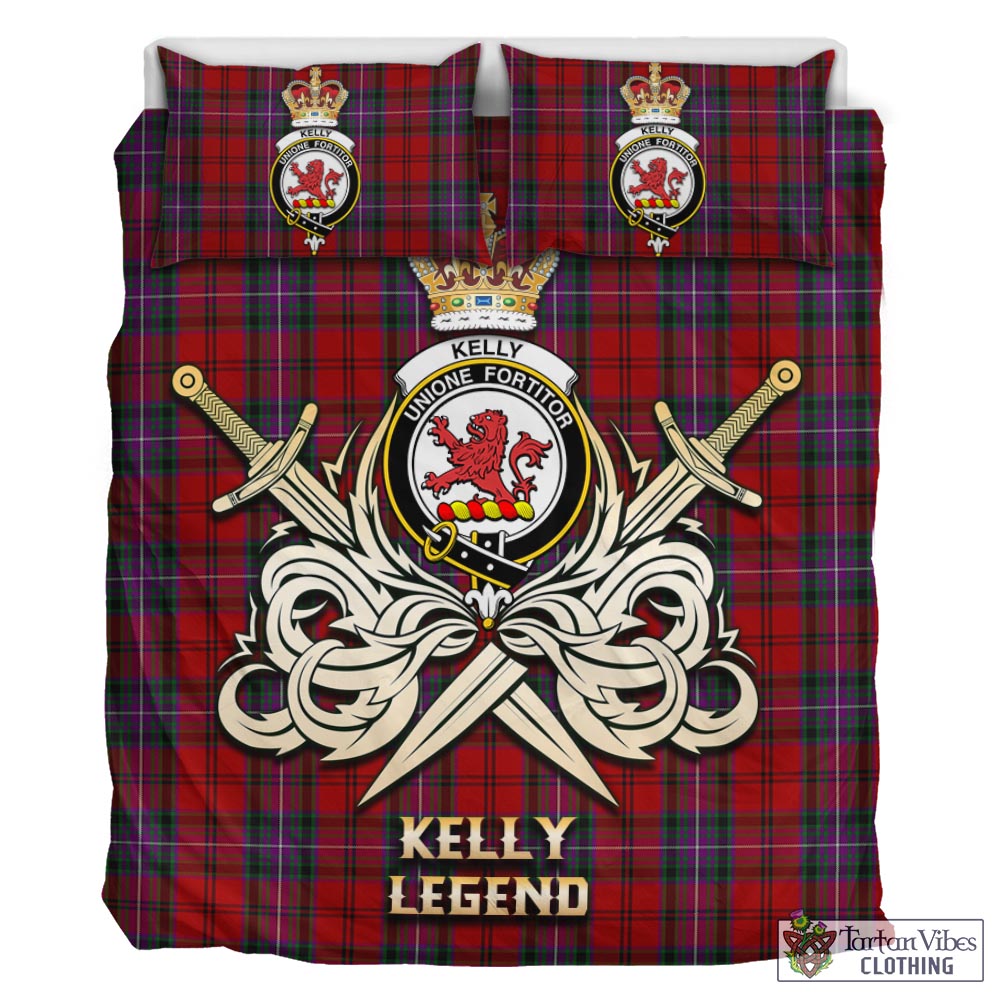 Tartan Vibes Clothing Kelly of Sleat Red Tartan Bedding Set with Clan Crest and the Golden Sword of Courageous Legacy