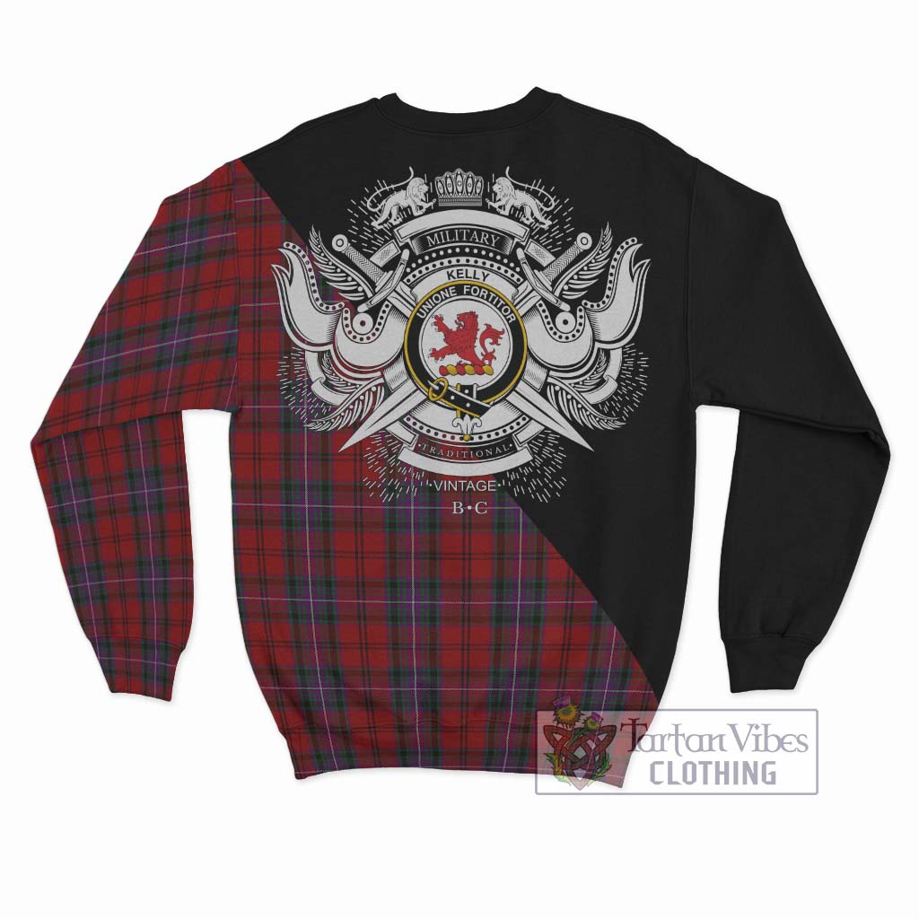 Tartan Vibes Clothing Kelly of Sleat Red Tartan Sweatshirt with Family Crest and Military Logo Style