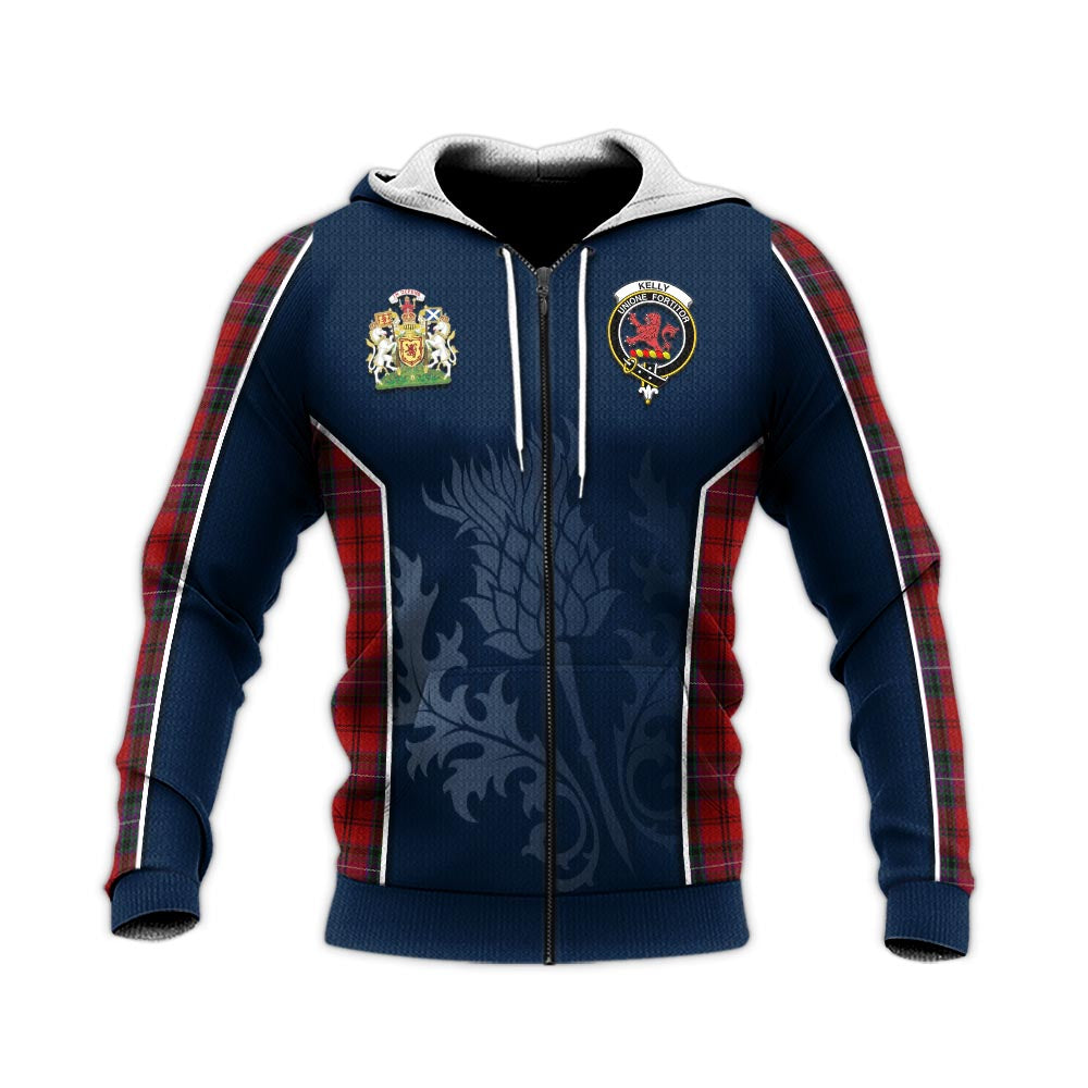 Tartan Vibes Clothing Kelly of Sleat Red Tartan Knitted Hoodie with Family Crest and Scottish Thistle Vibes Sport Style