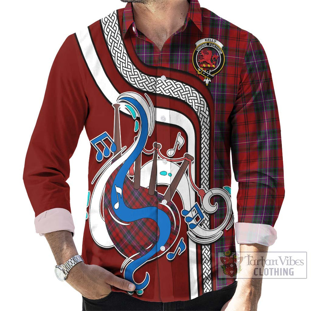 Kelly of Sleat Red Tartan Long Sleeve Button Shirt with Epic Bagpipe Style - Tartanvibesclothing Shop