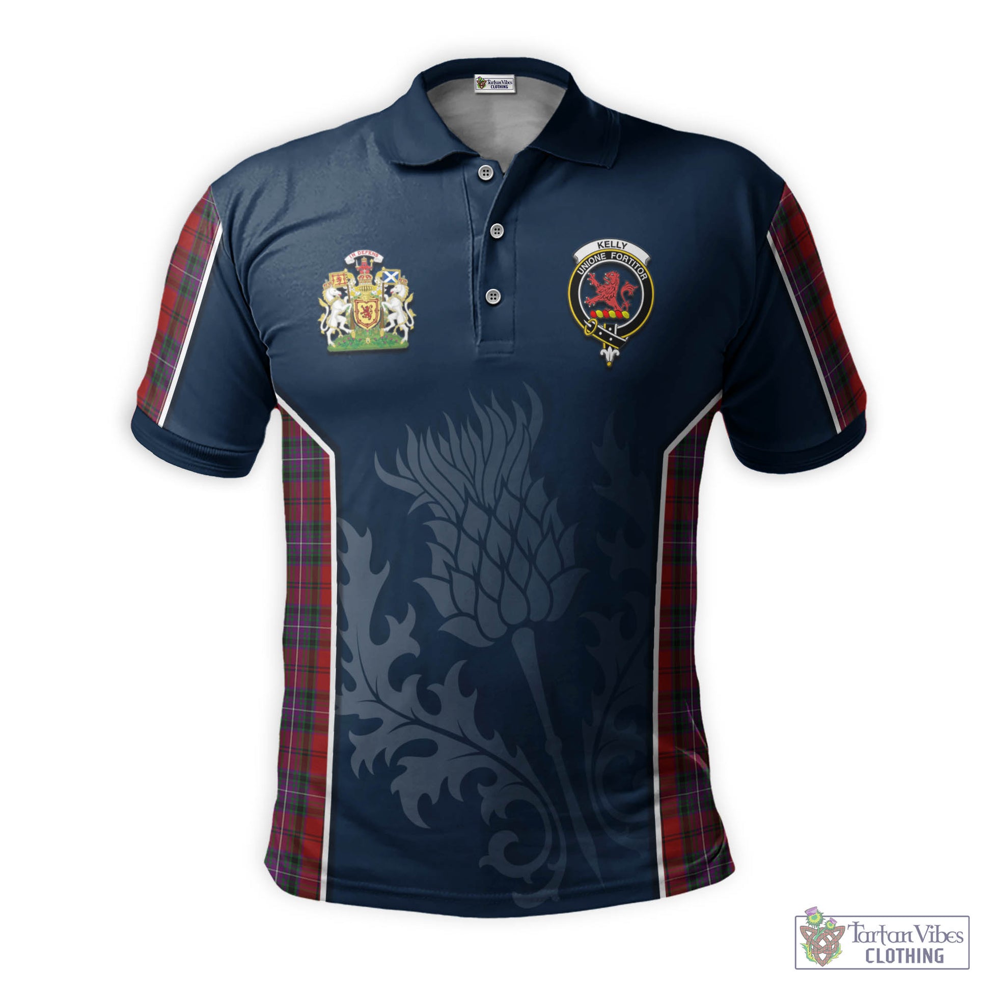 Tartan Vibes Clothing Kelly of Sleat Red Tartan Men's Polo Shirt with Family Crest and Scottish Thistle Vibes Sport Style