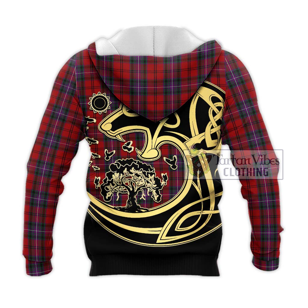 Tartan Vibes Clothing Kelly of Sleat Red Tartan Knitted Hoodie with Family Crest Celtic Wolf Style