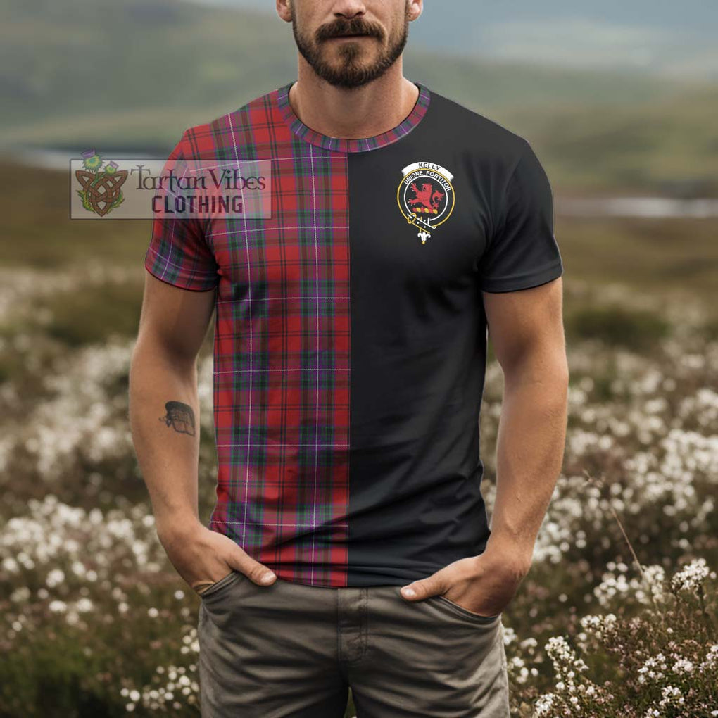 Kelly of Sleat Red Tartan T-Shirt with Family Crest and Half Of Me Style - Tartanvibesclothing Shop