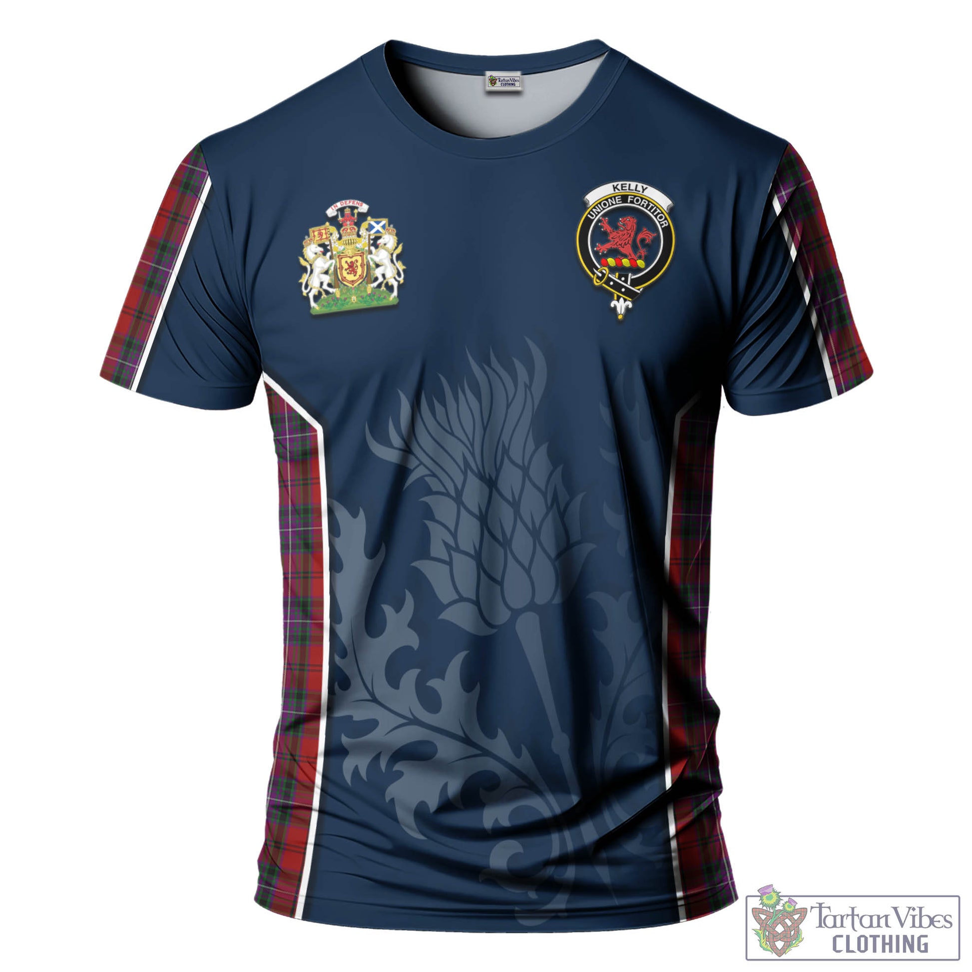 Tartan Vibes Clothing Kelly of Sleat Red Tartan T-Shirt with Family Crest and Scottish Thistle Vibes Sport Style
