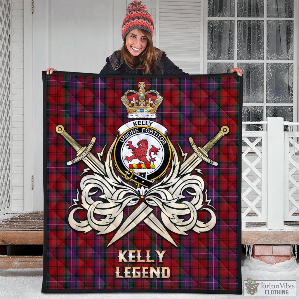 Tartan Vibes Clothing Kelly of Sleat Red Tartan Quilt with Clan Crest and the Golden Sword of Courageous Legacy
