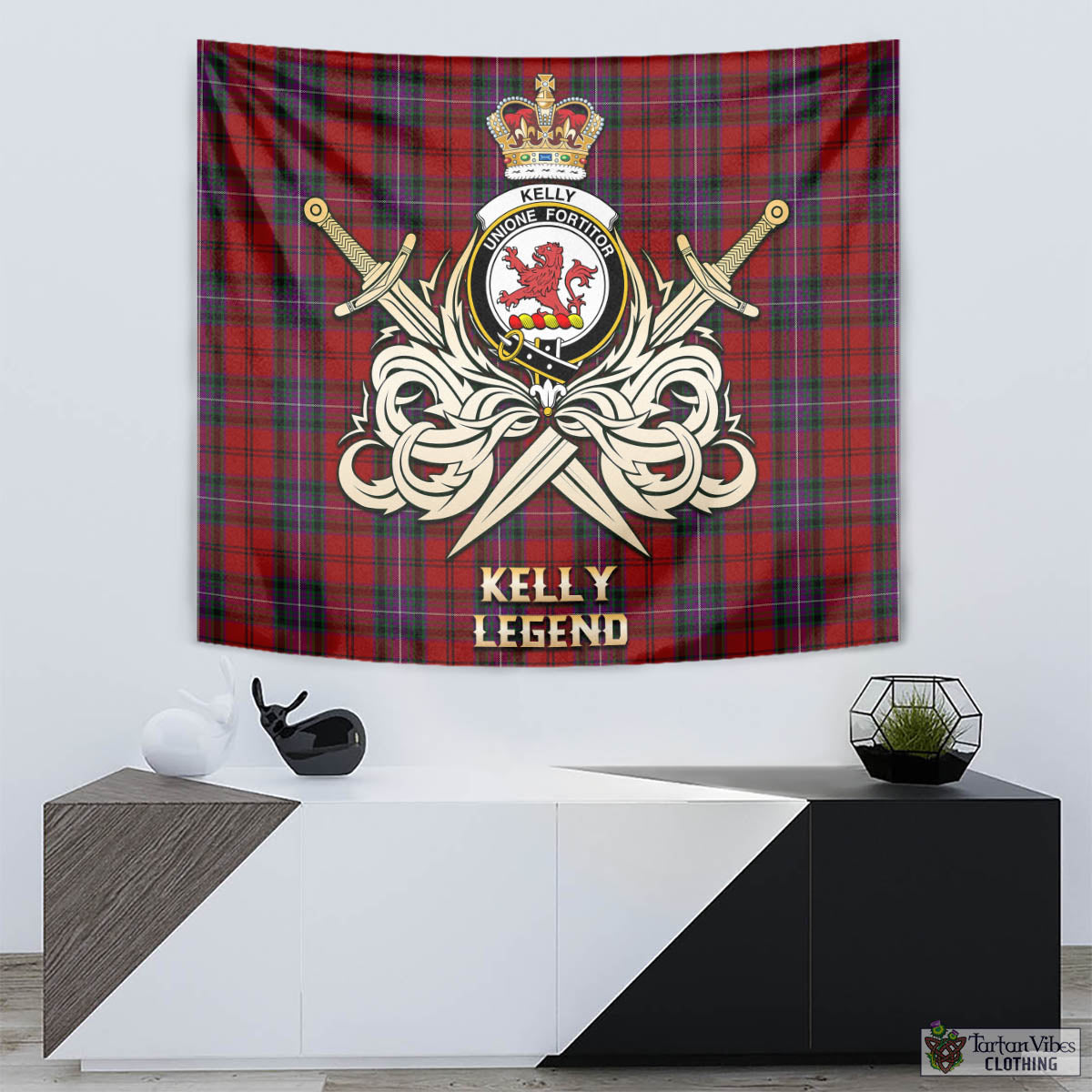 Tartan Vibes Clothing Kelly of Sleat Red Tartan Tapestry with Clan Crest and the Golden Sword of Courageous Legacy