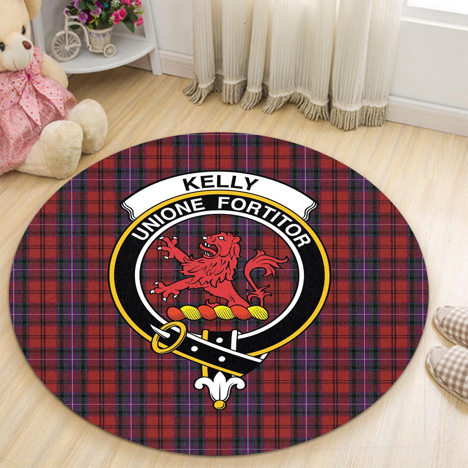 kelly-of-sleat-red-tartan-round-rug-with-family-crest