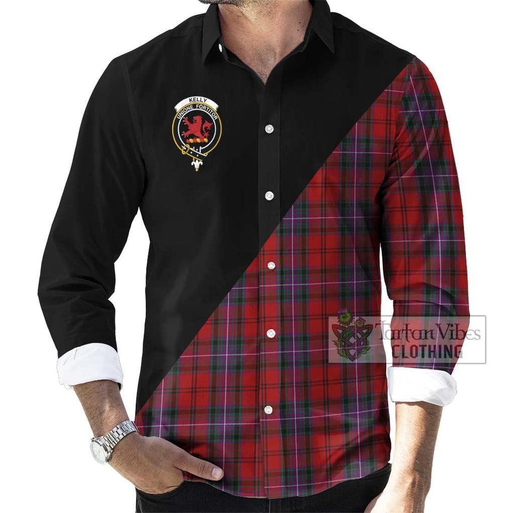 Kelly of Sleat Red Tartan Long Sleeve Button Shirt with Family Crest and Military Logo Style - Tartanvibesclothing Shop