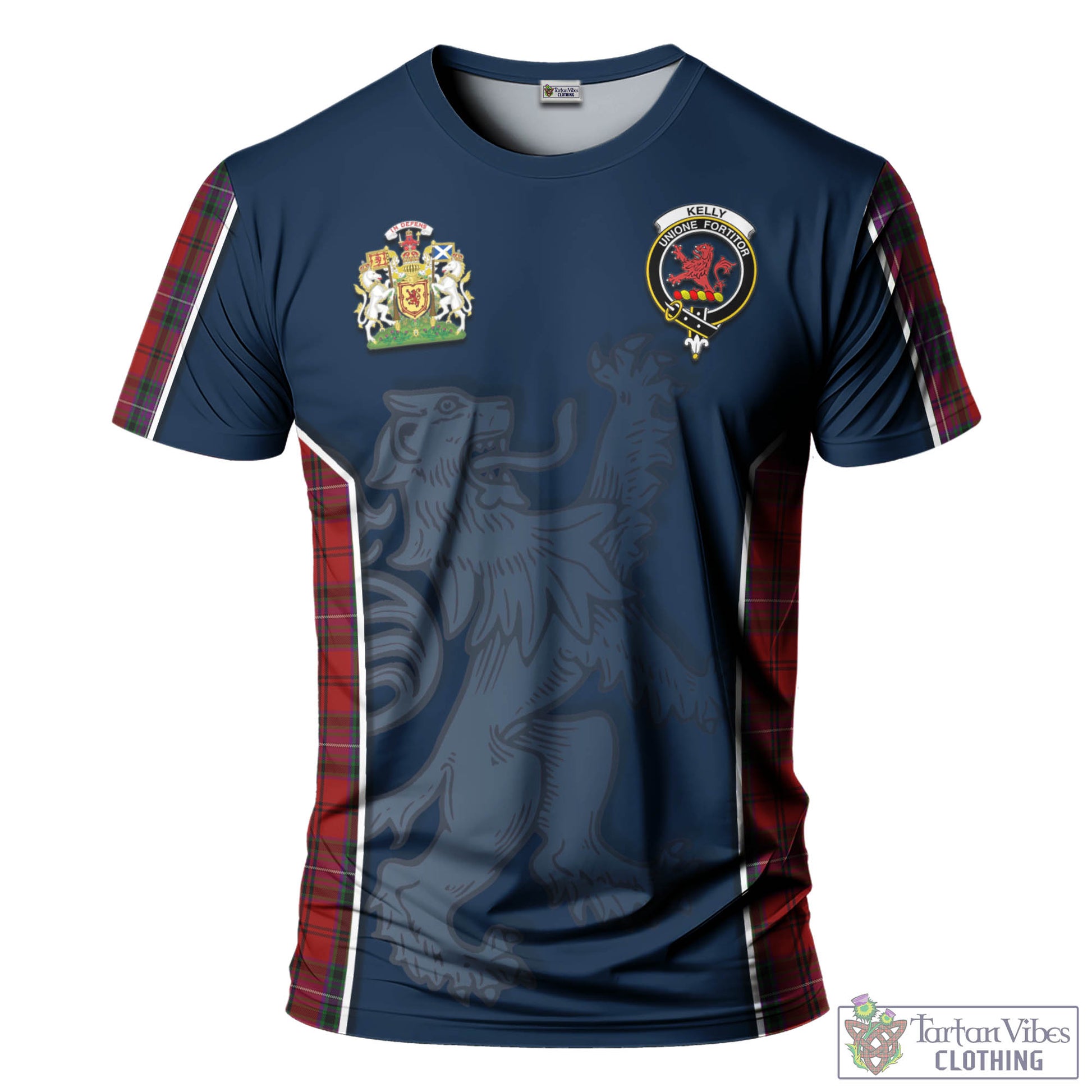 Tartan Vibes Clothing Kelly of Sleat Red Tartan T-Shirt with Family Crest and Lion Rampant Vibes Sport Style