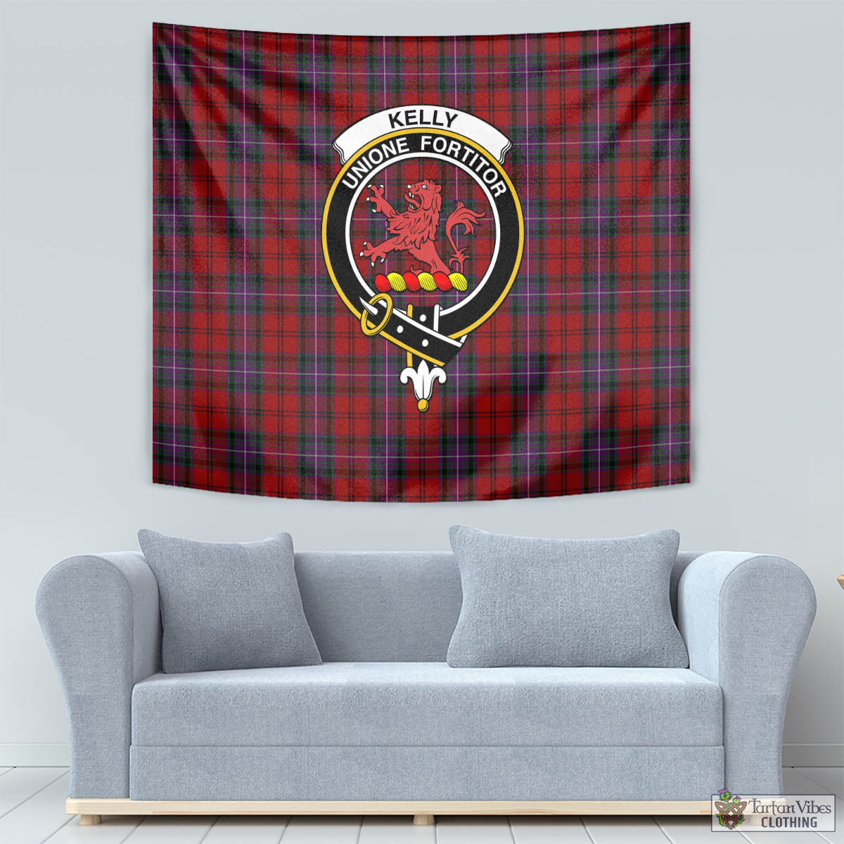Tartan Vibes Clothing Kelly of Sleat Red Tartan Tapestry Wall Hanging and Home Decor for Room with Family Crest