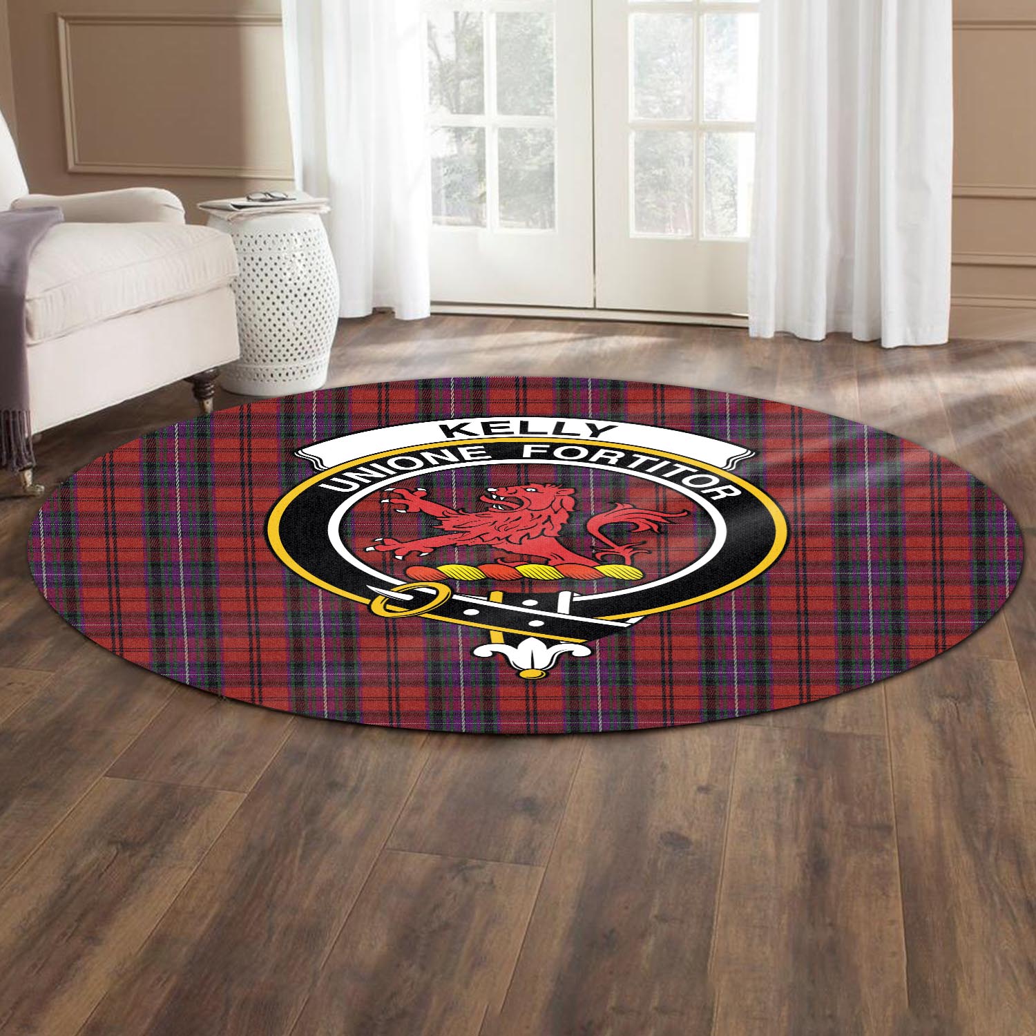 kelly-of-sleat-red-tartan-round-rug-with-family-crest