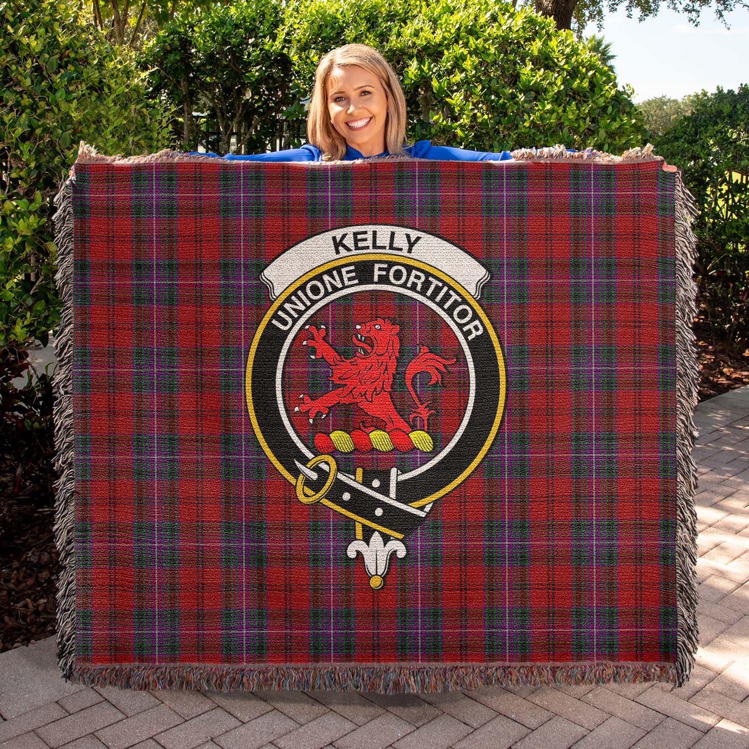 Tartan Vibes Clothing Kelly of Sleat Red Tartan Woven Blanket with Family Crest