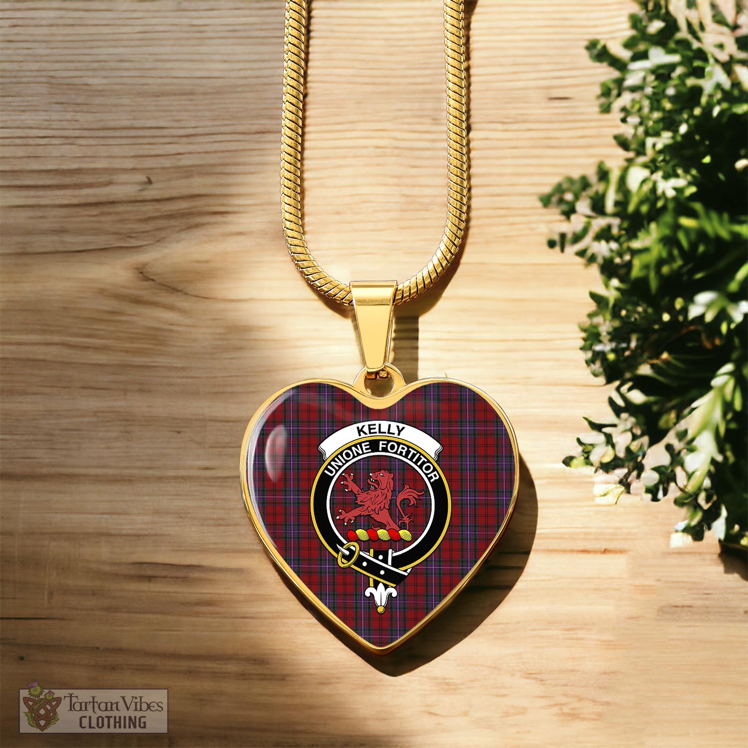 Tartan Vibes Clothing Kelly of Sleat Red Tartan Heart Necklace with Family Crest