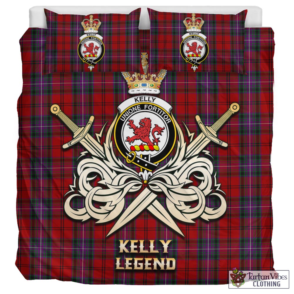 Tartan Vibes Clothing Kelly of Sleat Red Tartan Bedding Set with Clan Crest and the Golden Sword of Courageous Legacy