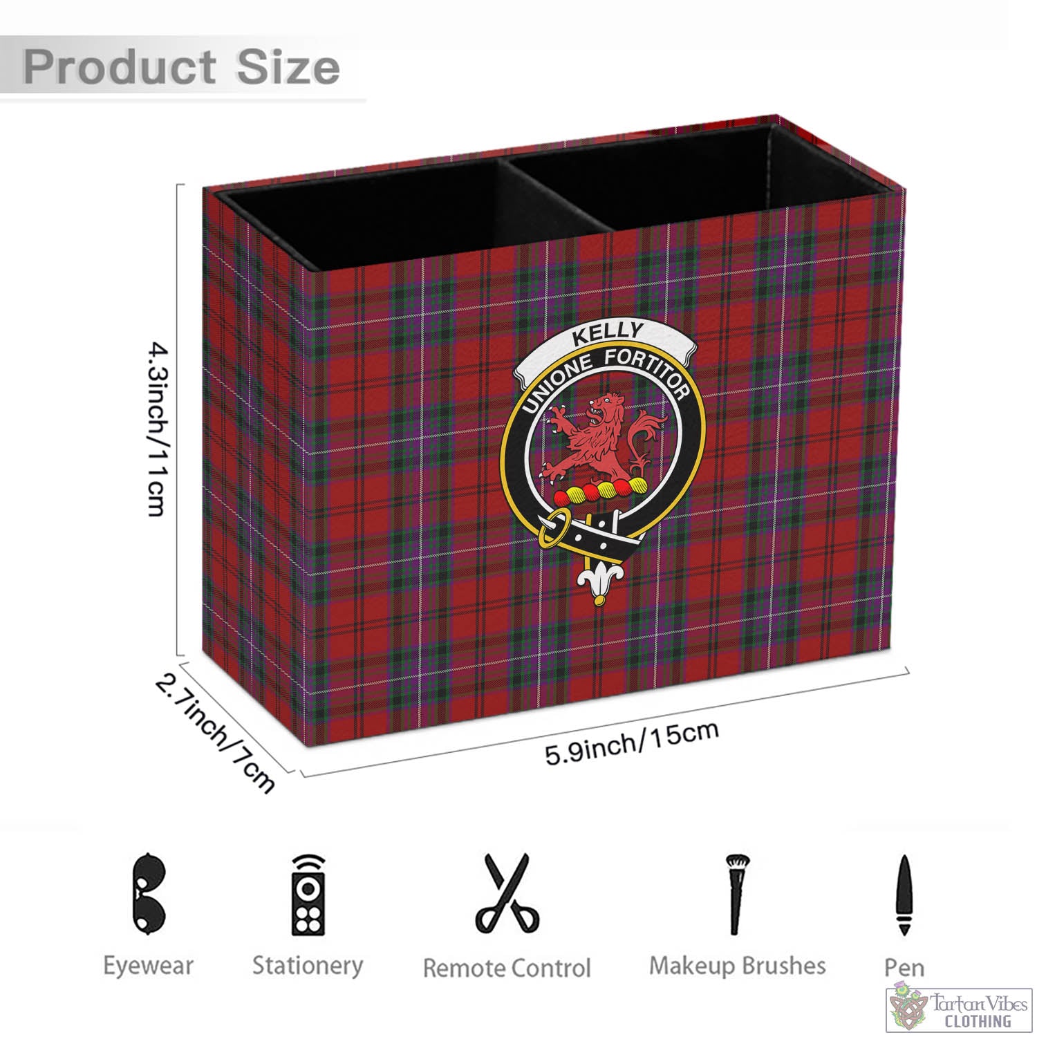 Tartan Vibes Clothing Kelly of Sleat Red Tartan Pen Holder with Family Crest