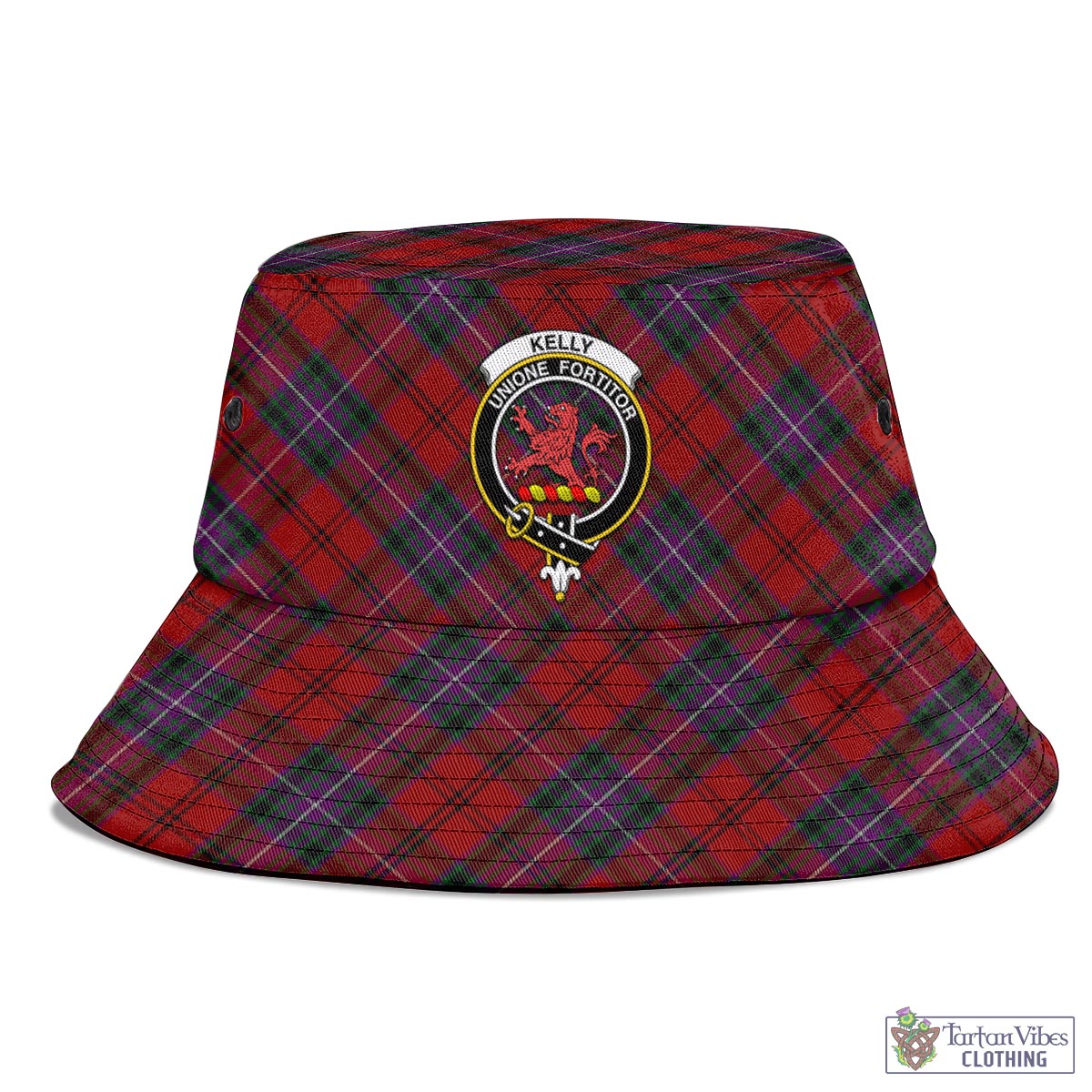 Tartan Vibes Clothing Kelly of Sleat Red Tartan Bucket Hat with Family Crest