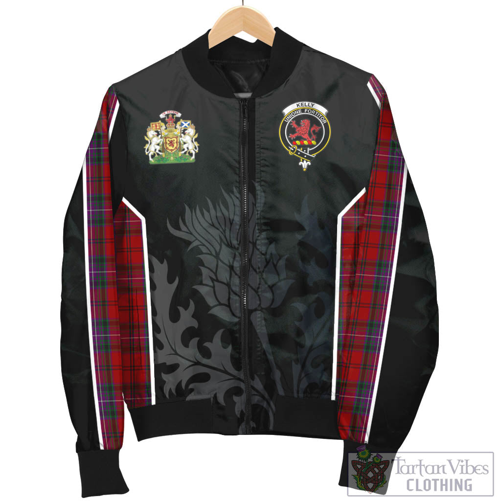 Tartan Vibes Clothing Kelly of Sleat Red Tartan Bomber Jacket with Family Crest and Scottish Thistle Vibes Sport Style