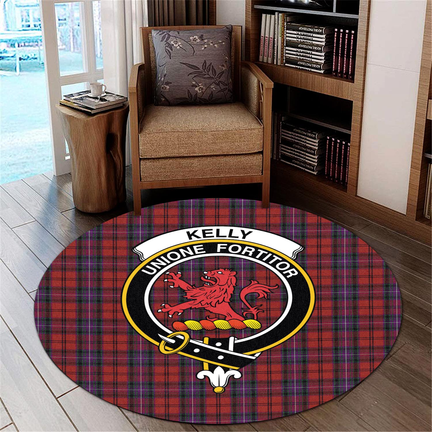 kelly-of-sleat-red-tartan-round-rug-with-family-crest