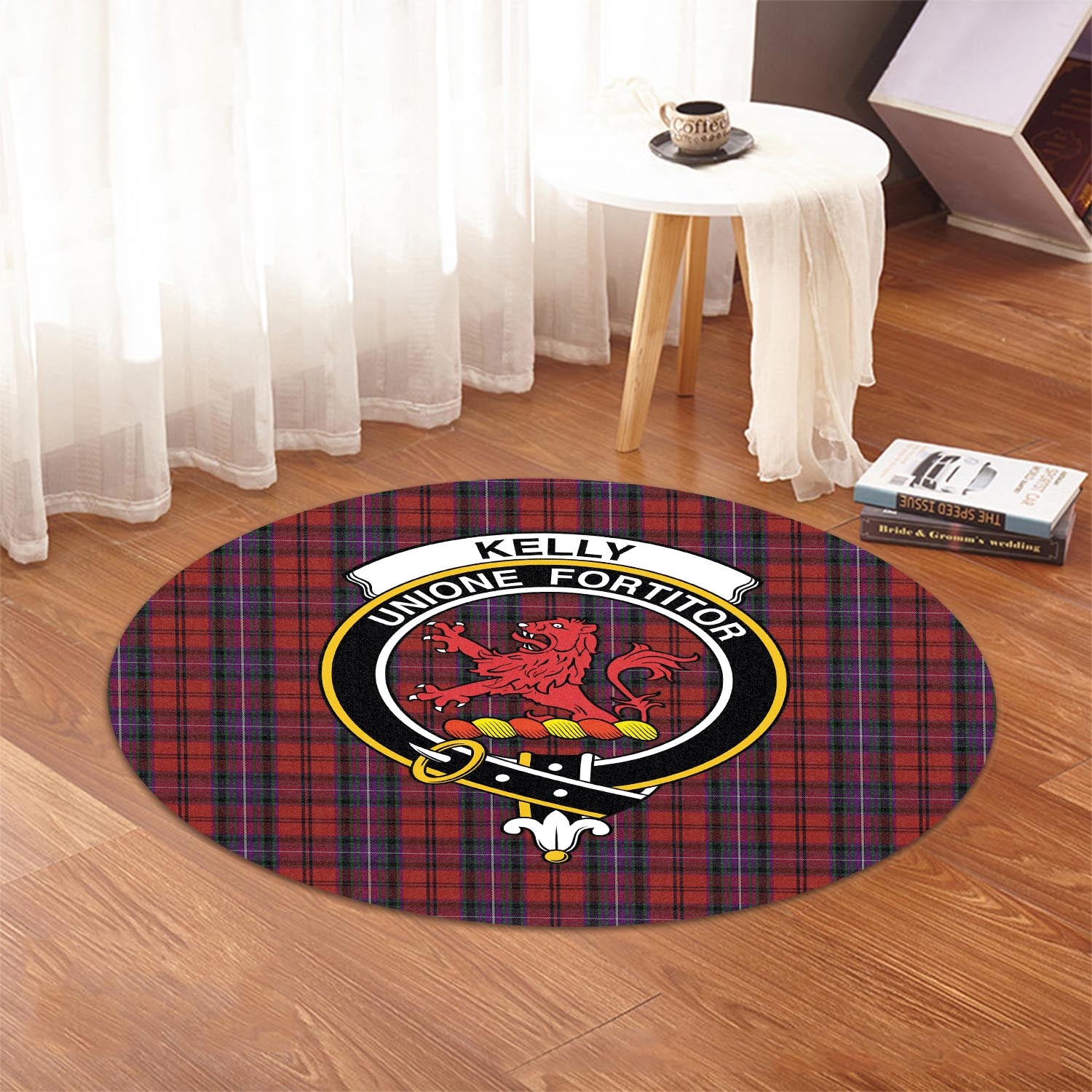 kelly-of-sleat-red-tartan-round-rug-with-family-crest