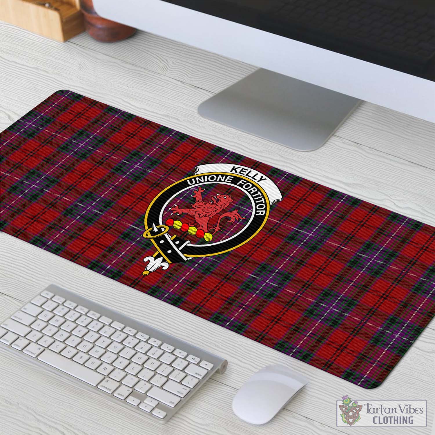Tartan Vibes Clothing Kelly of Sleat Red Tartan Mouse Pad with Family Crest