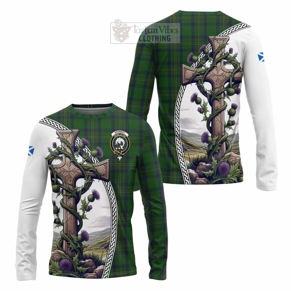 Tartan Vibes Clothing Kennedy Tartan Long Sleeve T-Shirt with Family Crest and St. Andrew's Cross Accented by Thistle Vines