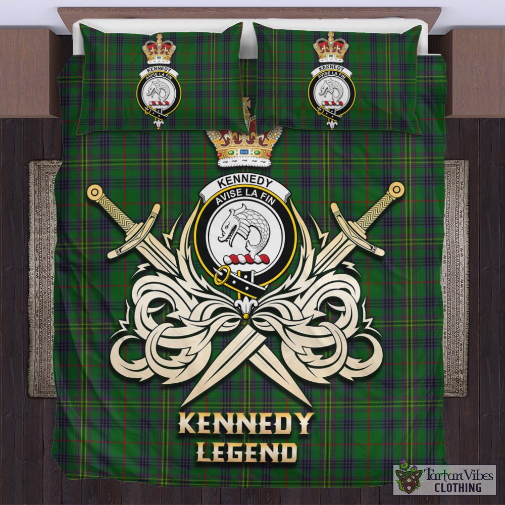 Tartan Vibes Clothing Kennedy Tartan Bedding Set with Clan Crest and the Golden Sword of Courageous Legacy