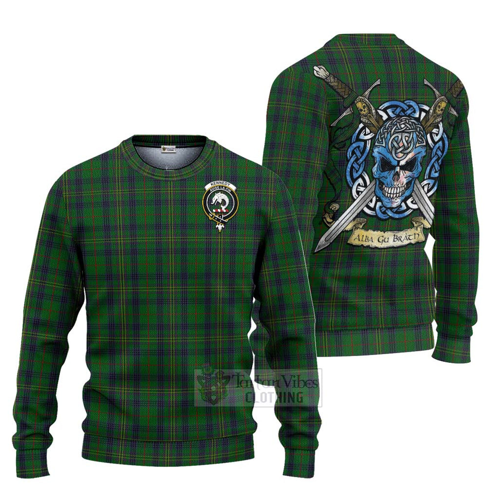 Tartan Vibes Clothing Kennedy Tartan Knitted Sweater with Family Crest Celtic Skull Style