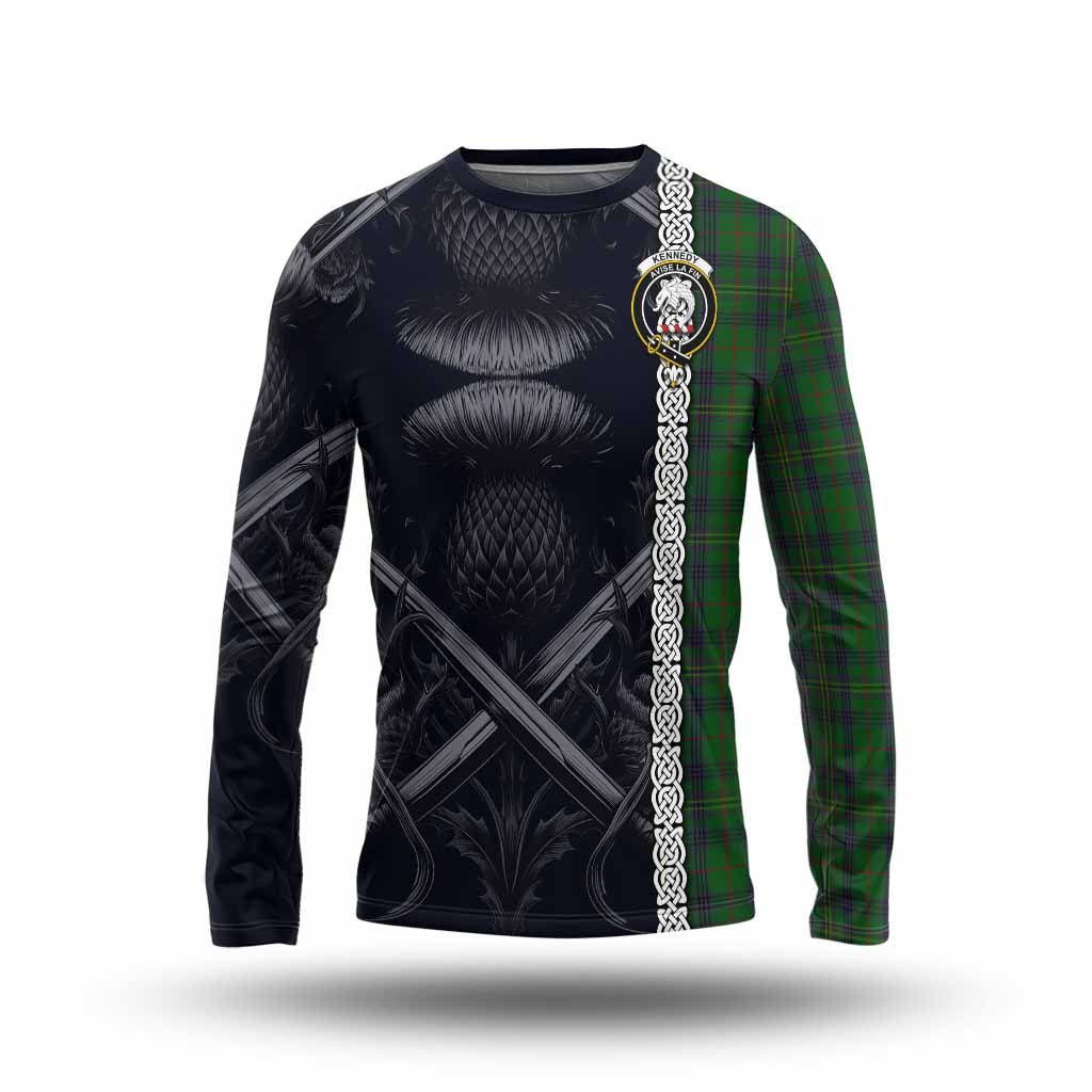 Tartan Vibes Clothing Kennedy Tartan Long Sleeve T-Shirt with Family Crest Cross Sword Thistle Celtic Vibes