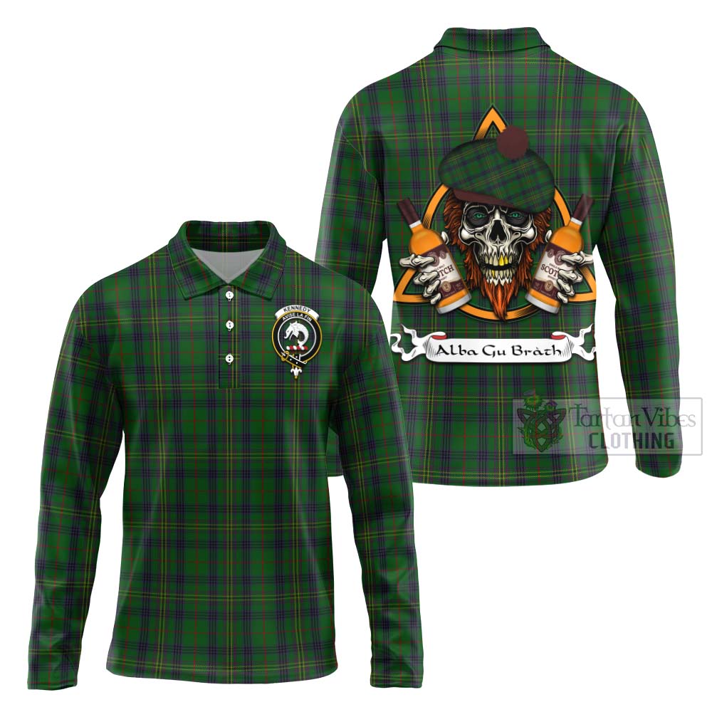 Tartan Vibes Clothing Kennedy Tartan Long Sleeve Polo Shirt with Family Crest and Bearded Skull Holding Bottles of Whiskey