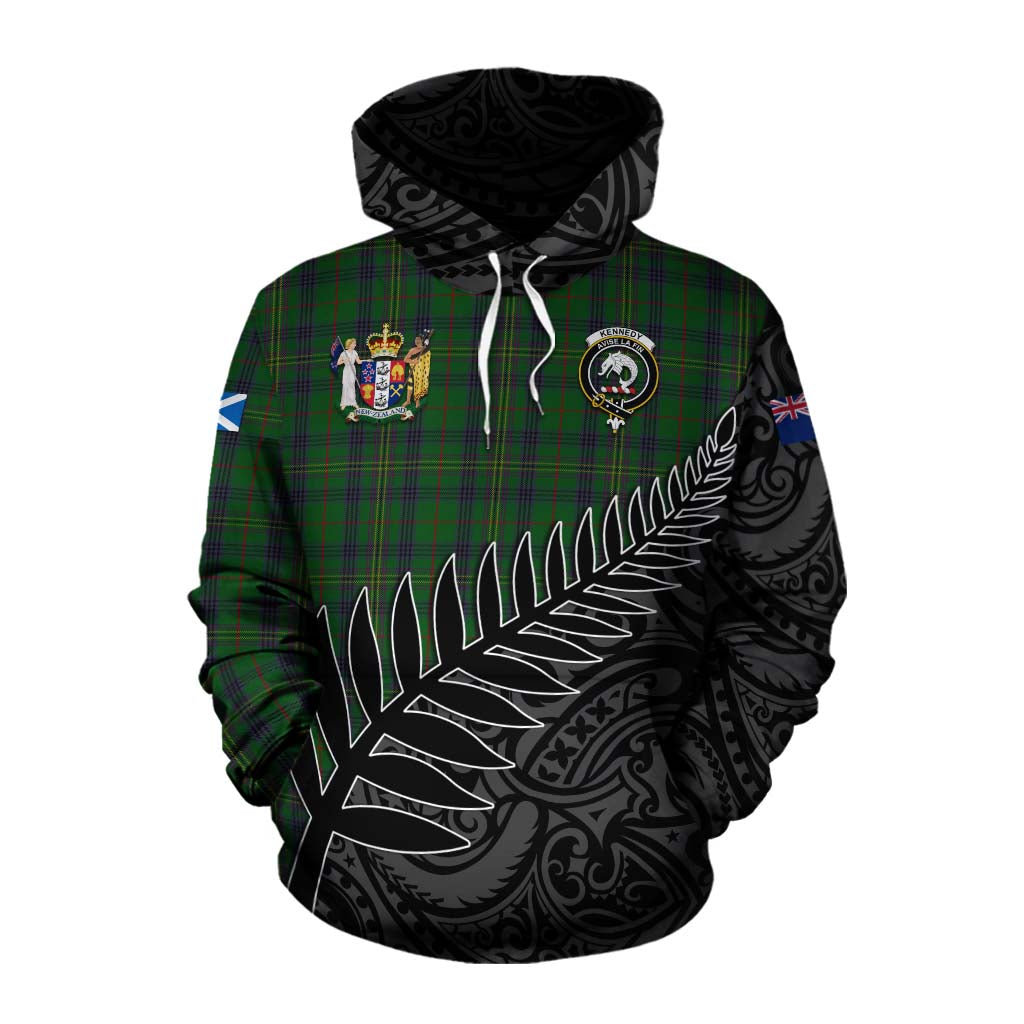 Tartan Vibes Clothing Kennedy Crest Tartan Cotton Hoodie with New Zealand Silver Fern Half Style