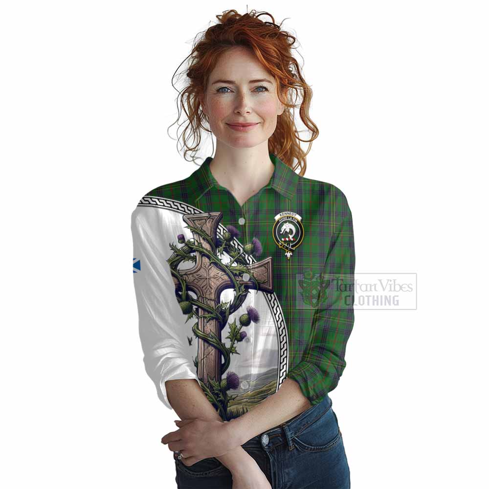 Tartan Vibes Clothing Kennedy Tartan Women's Casual Shirt with Family Crest and St. Andrew's Cross Accented by Thistle Vines