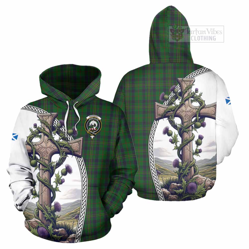 Tartan Vibes Clothing Kennedy Tartan Hoodie with Family Crest and St. Andrew's Cross Accented by Thistle Vines