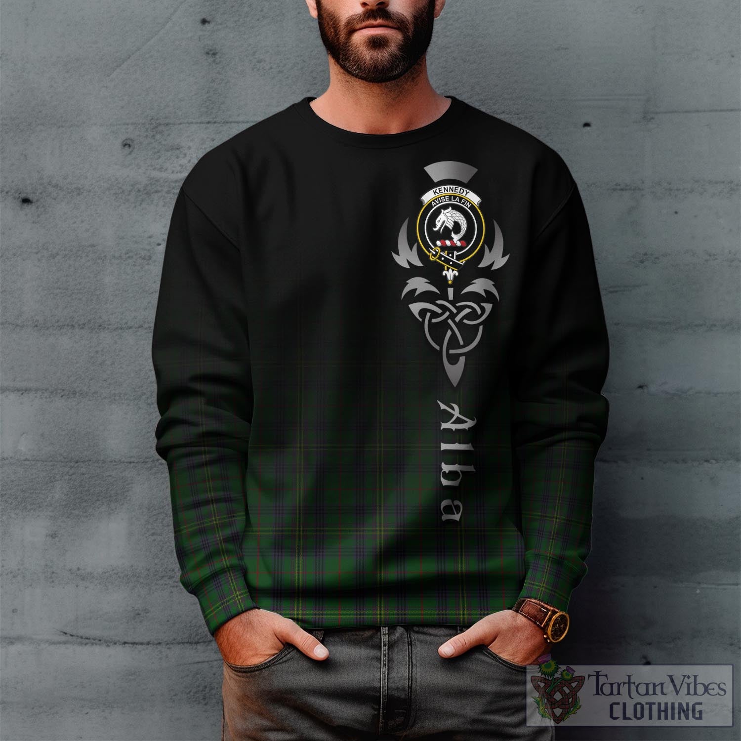 Tartan Vibes Clothing Kennedy Tartan Sweatshirt Featuring Alba Gu Brath Family Crest Celtic Inspired