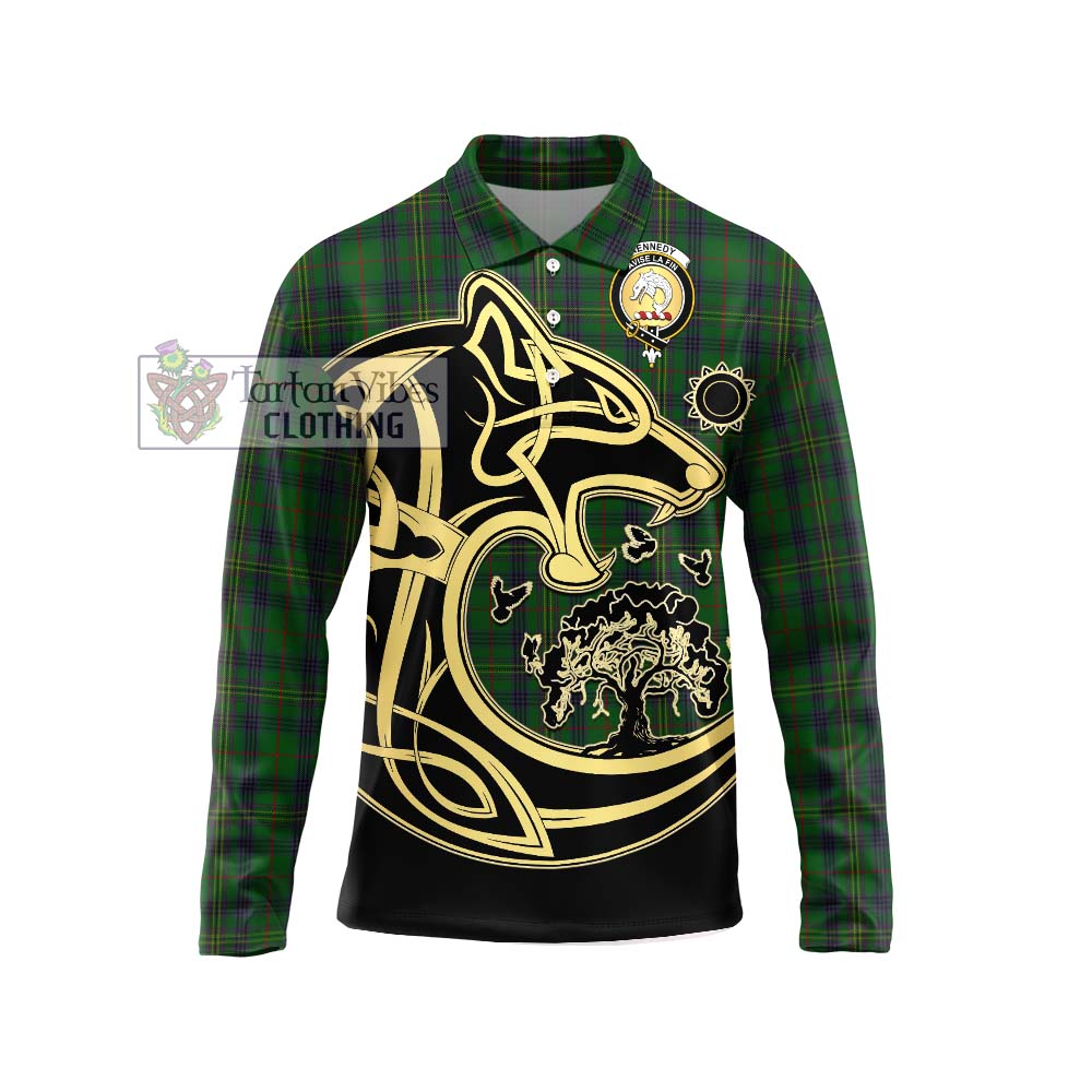 Kennedy Tartan Long Sleeve Polo Shirt with Family Crest Celtic Wolf Style Unisex - Tartanvibesclothing Shop