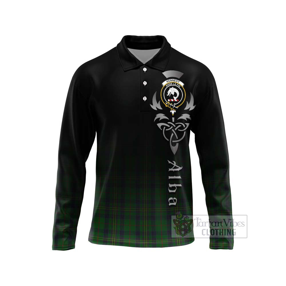 Tartan Vibes Clothing Kennedy Tartan Long Sleeve Polo Shirt Featuring Alba Gu Brath Family Crest Celtic Inspired