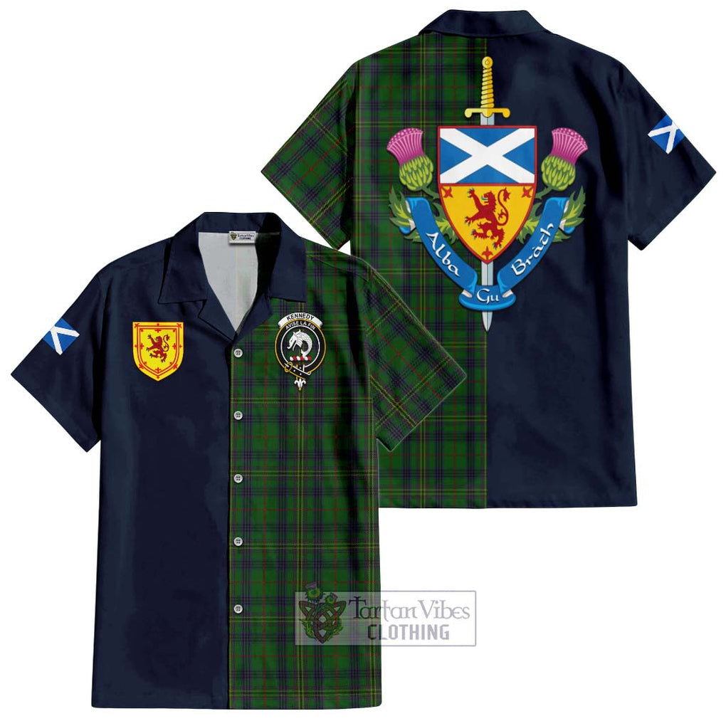 Tartan Vibes Clothing Kennedy Tartan Short Sleeve Button Shirt with Scottish Lion Royal Arm Half Style