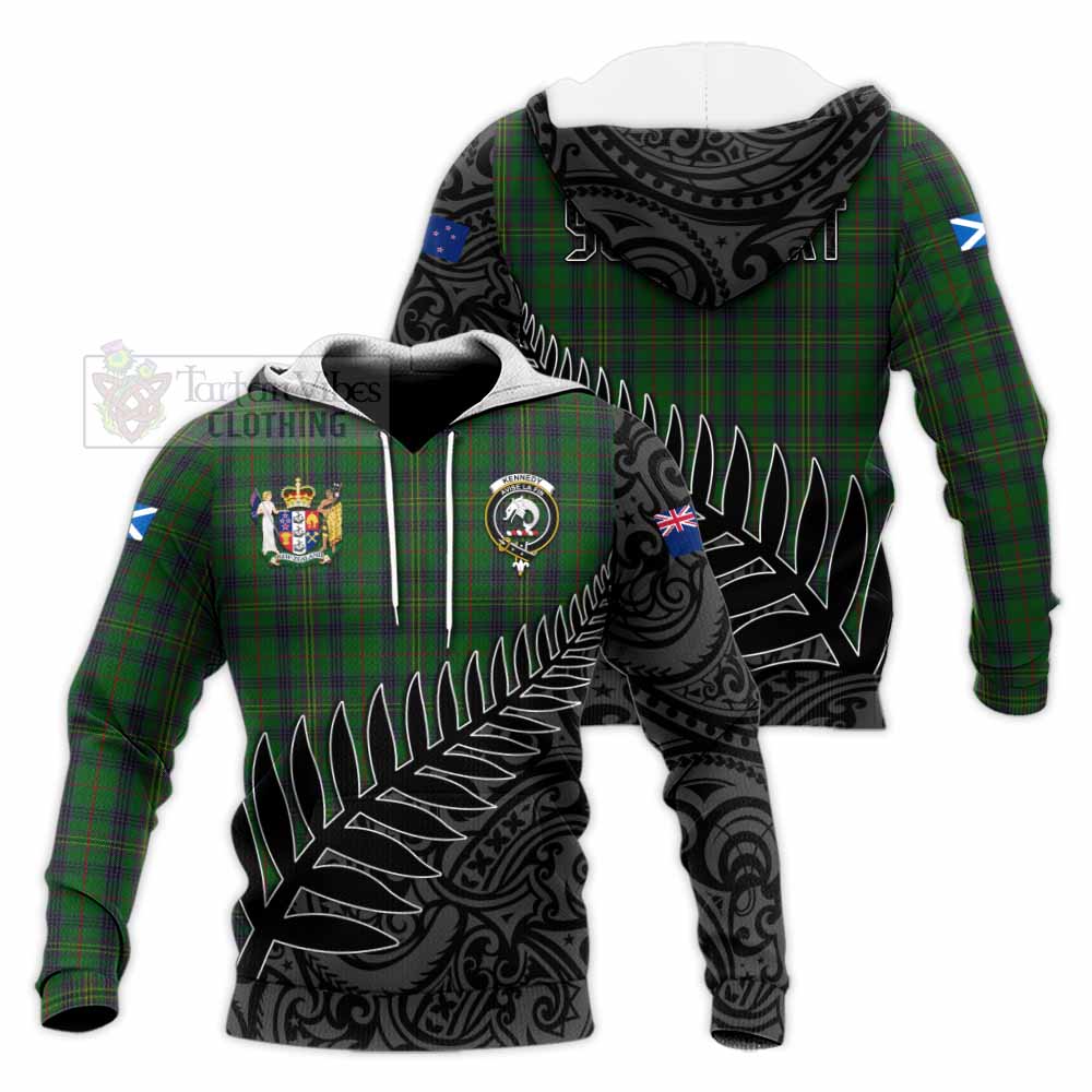 Tartan Vibes Clothing Kennedy Crest Tartan Knitted Hoodie with New Zealand Silver Fern Half Style