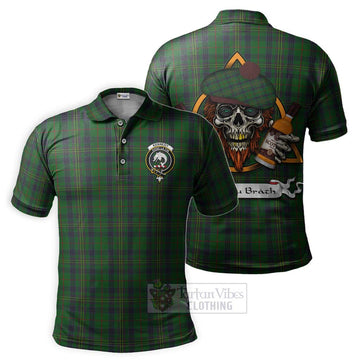 Kennedy Tartan Polo Shirt with Family Crest and Bearded Skull Holding Bottles of Whiskey