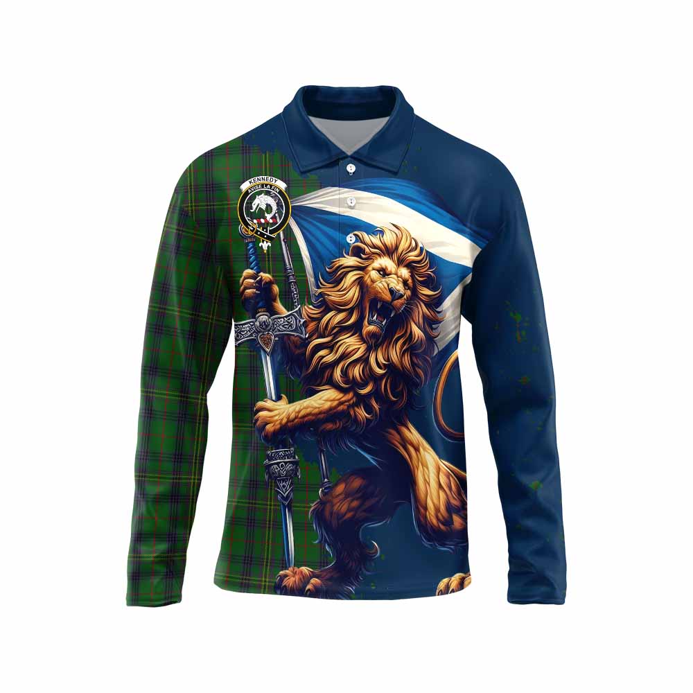 Tartan Vibes Clothing Kennedy Tartan Family Crest Long Sleeve Polo Shirt with Scottish Majestic Lion