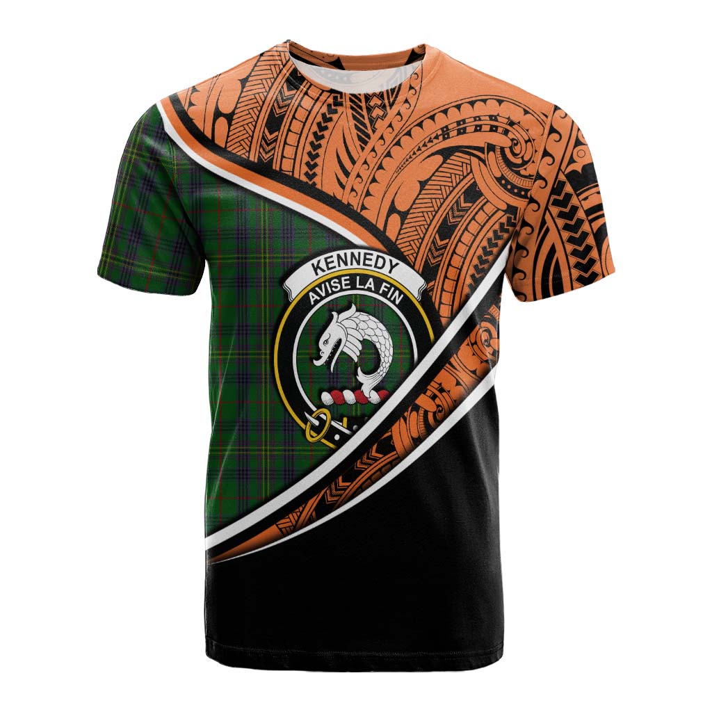 Tartan Vibes Clothing Kennedy Crest Tartan Cotton T-shirt with Maori Tattoo Style - Orange Version