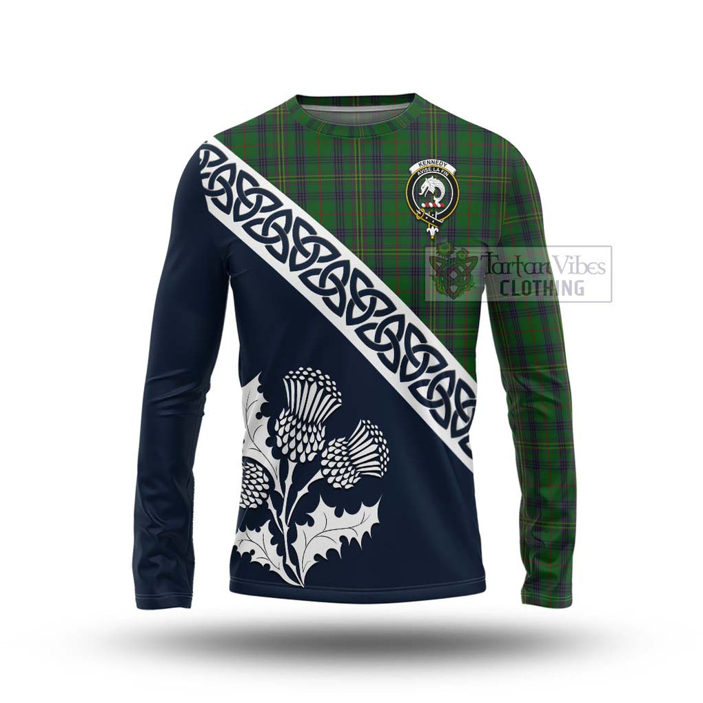 Tartan Vibes Clothing Kennedy Tartan Long Sleeve T-Shirt Featuring Thistle and Scotland Map