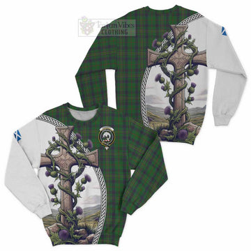 Kennedy Tartan Sweatshirt with Family Crest and St. Andrew's Cross Accented by Thistle Vines