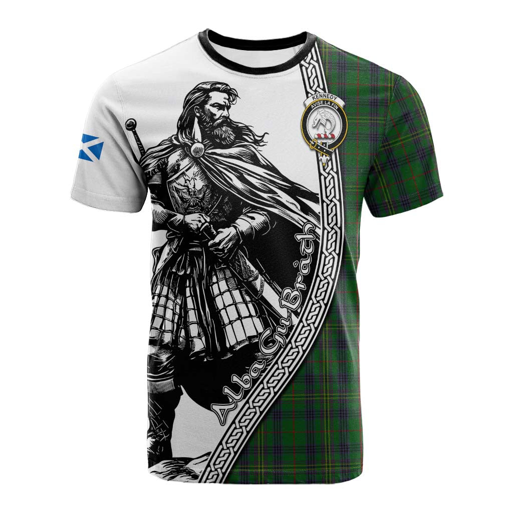 Kennedy Tartan Clan Crest Cotton T-shirt with Highlander Warrior Celtic Style