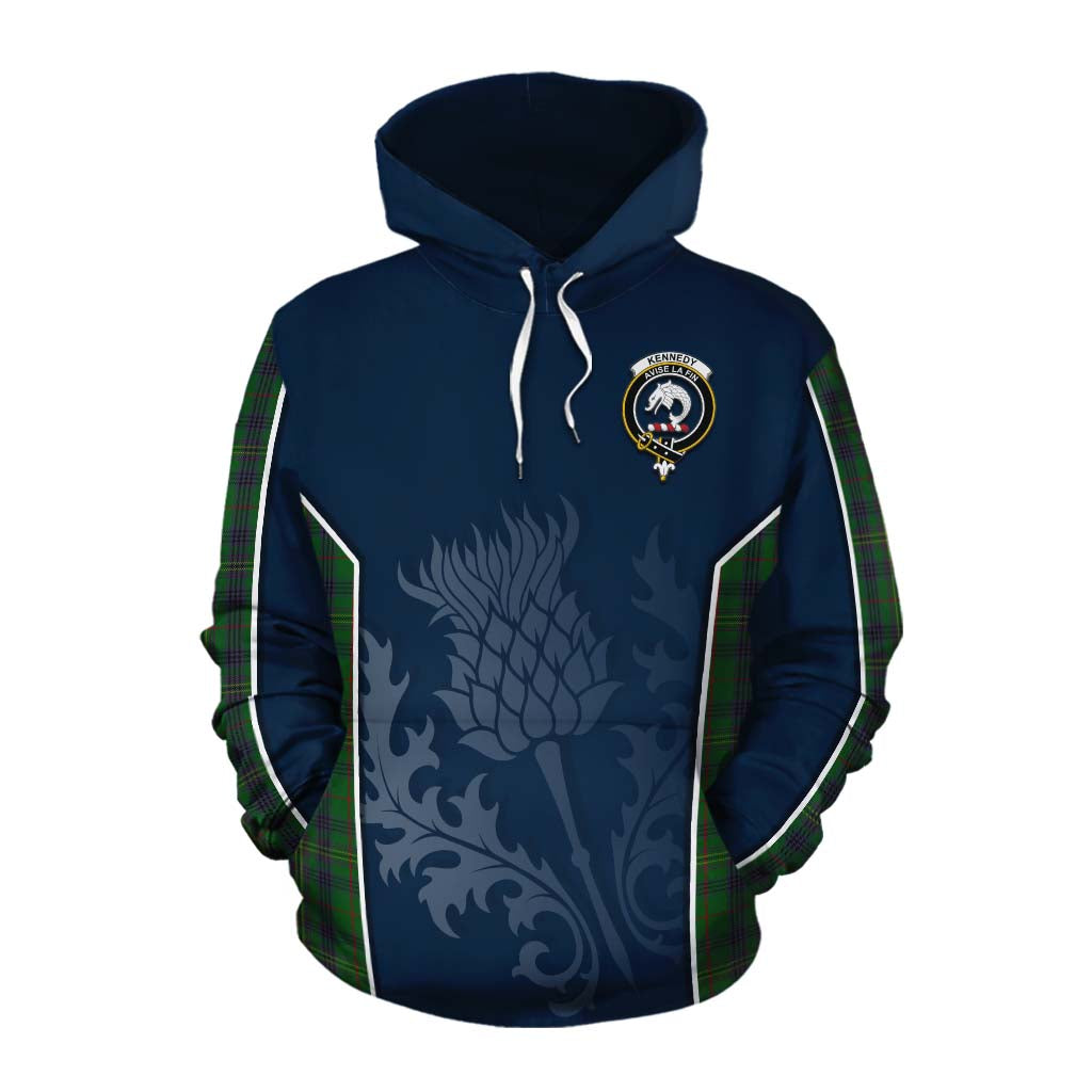 Tartan Vibes Clothing Kennedy Tartan Cotton Hoodie with Family Crest and Scottish Thistle Vibes Sport Style