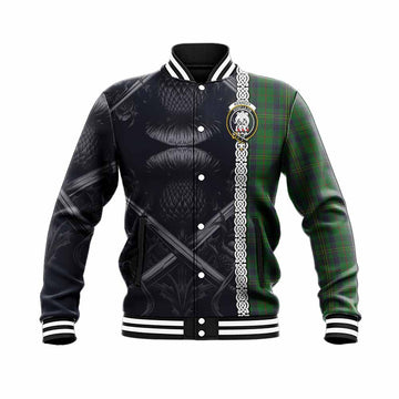 Kennedy Tartan Baseball Jacket with Family Crest Cross Sword Thistle Celtic Vibes