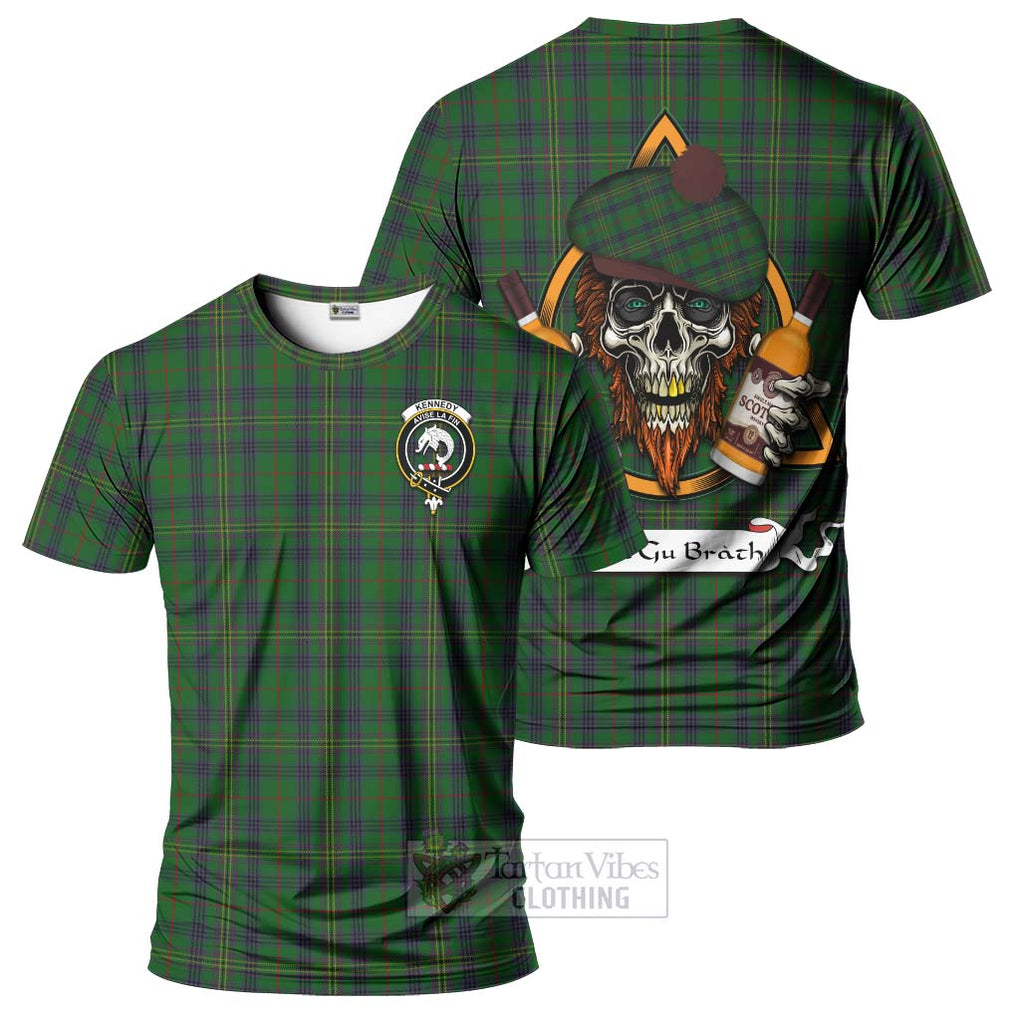 Tartan Vibes Clothing Kennedy Tartan T-Shirt with Family Crest and Bearded Skull Holding Bottles of Whiskey