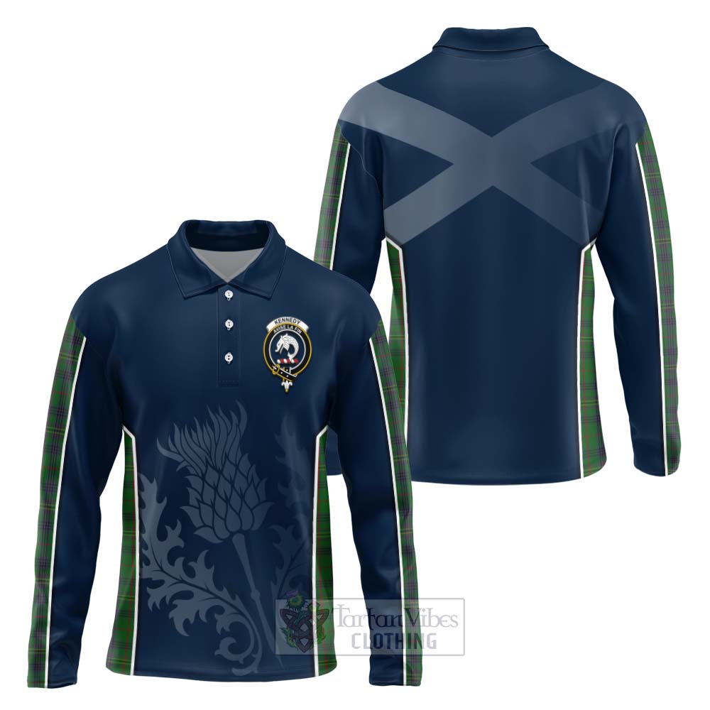 Tartan Vibes Clothing Kennedy Tartan Long Sleeve Polo Shirt with Family Crest and Scottish Thistle Vibes Sport Style